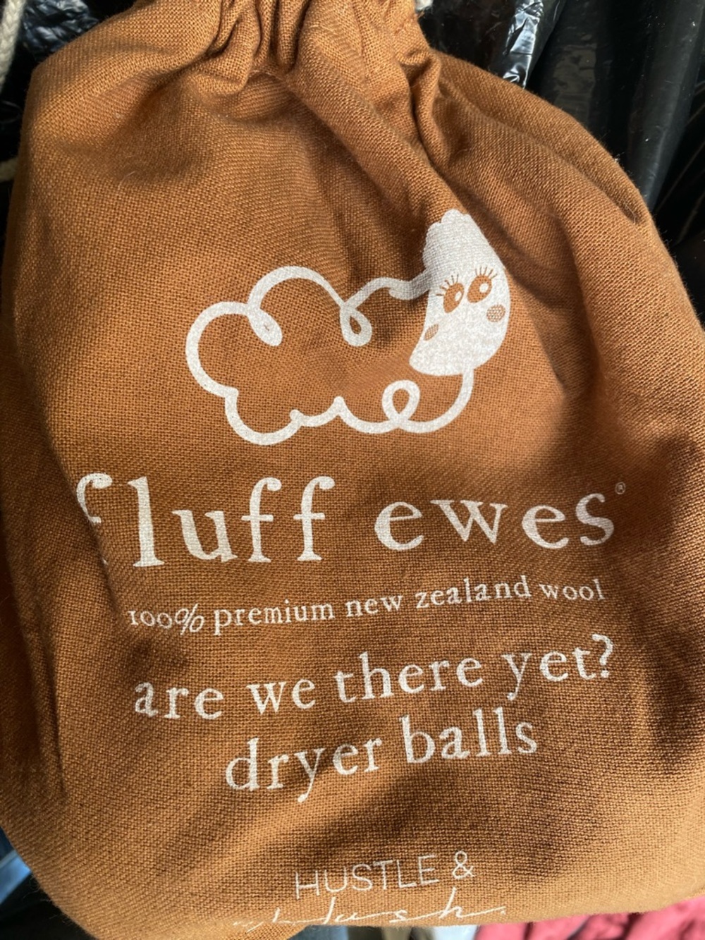3 Fluff Ewes 100% New Zealand Wool Dryer Balls - small Brown Drawstring Bag